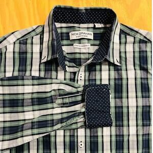 Nick Graham Everywhere Stretch Modern Fit Blue & Green Plaid Flip Cuff Dot XL/TG